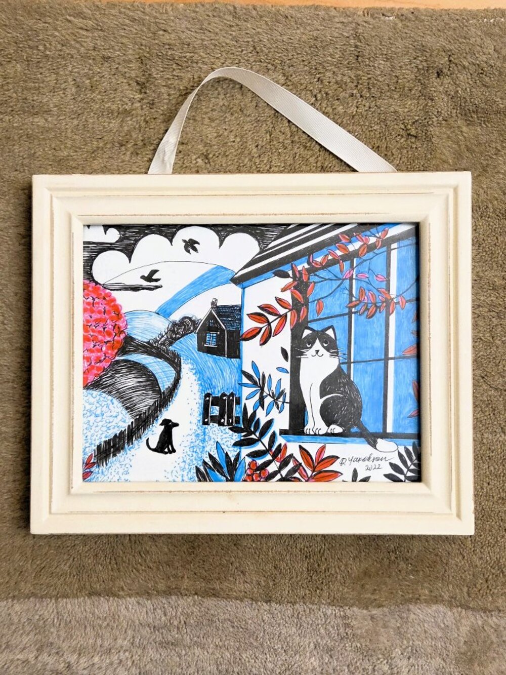 😺🐶 Art Painting Ink Pen Sketch a Cat & a Dog Birds Village by Diana Yakobson